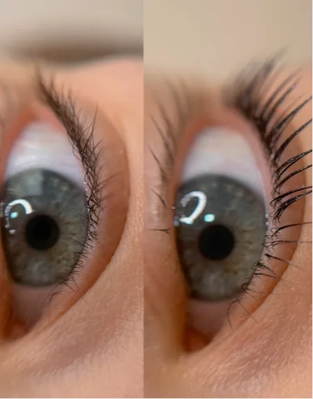 Cílio reto à esquerda e curvado depois do lash lifting à direita
