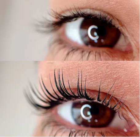Cílio reto acima e curvado abaixo, depois do lash lifting